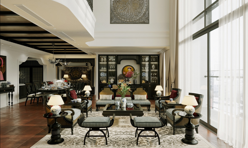 Mẫu Thiết Kế Thi Công Resort Phong Cách Indochine Đẹp Mê Lòng Khách 4 Nội thất phòng khách của phong cách Indochine